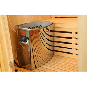 The heater on a bench inside the Rockledge sauna