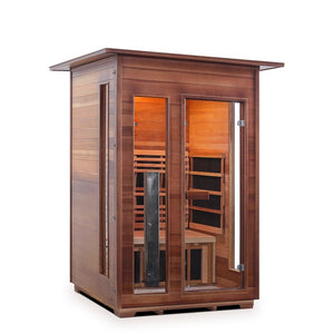 Rustic 2 person indoor sauna front/side view.