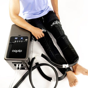 Aquilo control unit and a leg wrap being used by a man.