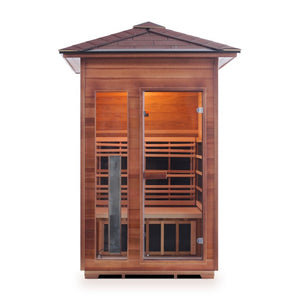 Rustic 2 person peak outdoor sauna front view