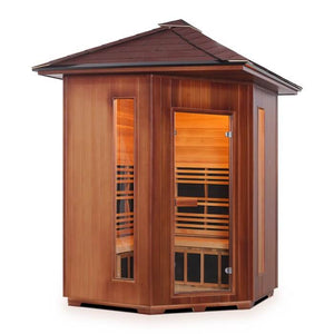Rustic 4 person corner peak outdoor sauna front/side view