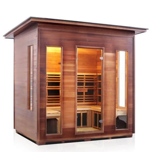 Rustic 5 person slope outdoor sauna front/side view