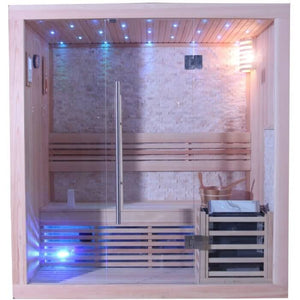 The front view and the glass door of the Westlake Luxury Traditional sauna.
